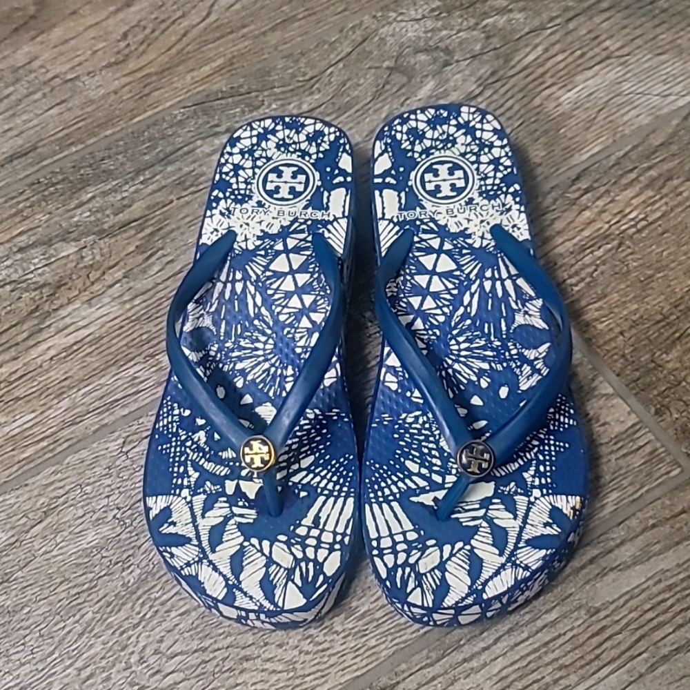 Tory Burch blue wedge flip flops